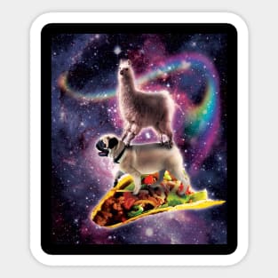 Rainbow Space Llama On Pug Riding Taco Sticker